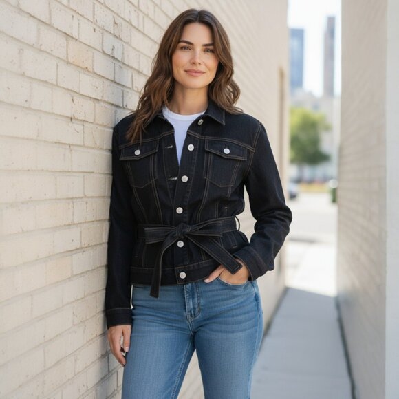 Trave Blue Pointed Collar Flap Pockets Button Closure Belted Denim Jacket Small - Picture 1 of 12